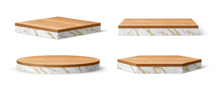 3d white marble podium stage with wooden floor plate. Vector geometric elegant white marbleized bases with stylish wood surfaces. Displays or platforms for showcasing products or branding presentationのイラスト素材