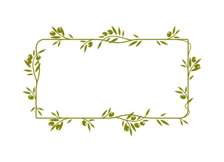 Olive leaves, tree branches and fruits frame. Vector green olives wreath with floral vines, mediterranean cuisine food, vegetable oil and natural cosmetics label. Branches and leaves square frameのイラスト素材