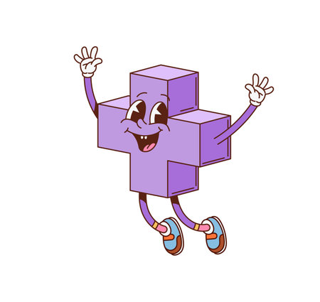 Groovy math plus geometric figure character. Kindergarten education basic shape cute funky character, kids learn math figure happy cartoon vector mascot. School plus symbol isolated groovy personageのイラスト素材