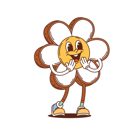 Groovy gingerbread chamomile cookie character. Sweet pastry cheerful cartoon mascot, gingerbread dessert with icing cute groovy vector personage. Chamomile or daisy cookie isolated funny characterのイラスト素材