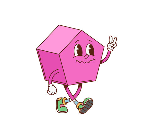 Groovy math pentagon geometric figure character. Kindergarten child learn pentagon funny cartoon retro character, school math figure cute isolated vector mascot. Basic geometric shape groovy personageのイラスト素材