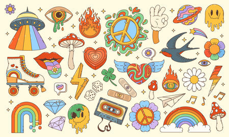 Groovy cartoon characters in retro hippie art, vector funky comic. 60s and 70s groovy cartoon rainbows and heart on wings, amanita mushroom and psychedelic melting smile with flowers and peace signのイラスト素材