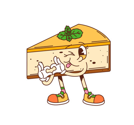 Groovy cheesecake character. Restaurant sweet food cheerful cartoon character, cafe pastry or holiday dessert comical isolated personage. Cheesecake piece cute groovy mascot shoving heart with handsのイラスト素材