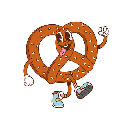 Groovy pretzel character with a playful expression, wearing colorful sneakers and gloves, exudes a fun and whimsical vibe. Isolated cartoon vector fresh bakery snacking personage with cheerful smileのイラスト素材