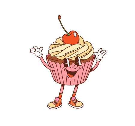 Groovy cupcake or muffin cute character. Cafe sweet meal cheerful cartoon character, bakery pastry food or restaurant dessert cute groovy mascot. Cupcake with cream and cherry isolated funny personageのイラスト素材
