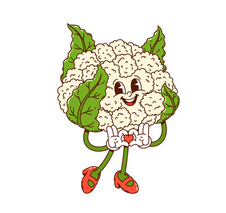 Groovy cauliflower cabbage vegetable character. Farming market organic harvest funny 60s 70s vector personage, vegetarian food fresh cauliflower vegetable or farm healthy product groovy characterのイラスト素材