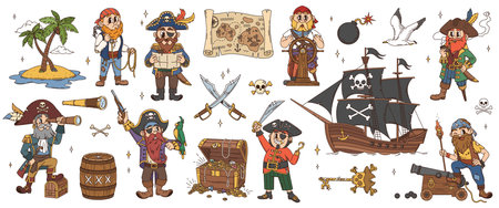 Cartoon groovy pirate and corsair characters with piracy ship, treasure map and chest. Funny psychedelic pirate captain, hippie corsair and groovy filibuster, black hats, eye patches, swords and rumのイラスト素材