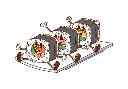 Cartoon Japanese rolls groovy fast food characters sitting on a plate. Isolated vector cute hippie Asian, japan food personages with joyful smiles, radiating fun and culinary adventure with funky vibeのイラスト素材