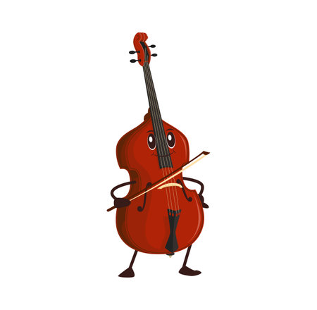 Cartoon funny contrabass, double bass character with expressive face and bow in hand. Isolated vector musical string instrument personage with smiling face playing classic music on philharmonic stageのイラスト素材