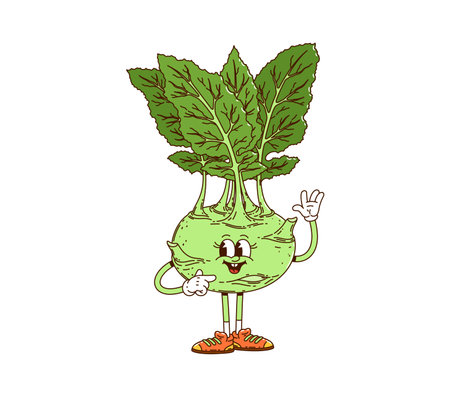 Cartoon groovy kohlrabi cabbage vegetable character. Isolated vector fun quirky healthy vitamin food. Ripe veggie retro personage with cheerful face, green leaves and sneakers, striking playful poseのイラスト素材