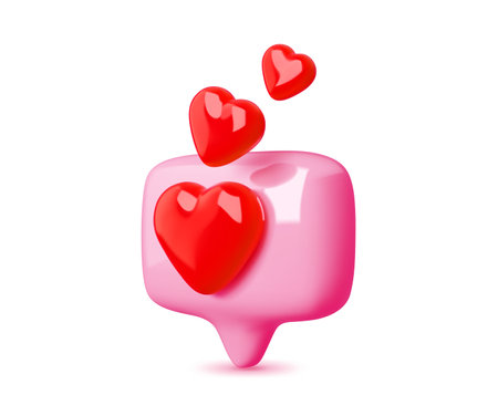 3d social media love heart bubble vector icon. Like message, social media comment or network notification, post or chat reaction button of square glossy pink speech bubble and red love heartsのイラスト素材