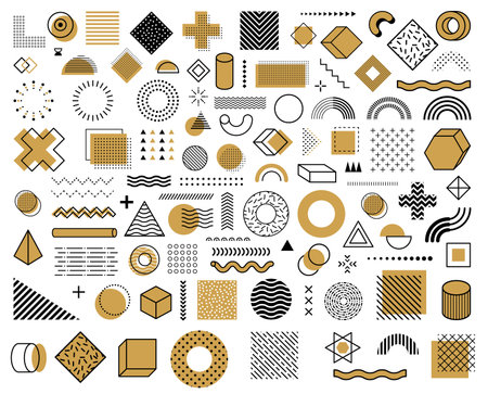 Memphis geometric shapes and abstract graphic elements set for modern background or banner. Vector line art geometric shapes, dots, waves and crosses. Black and gold memphis pattern abstract elementsのイラスト素材