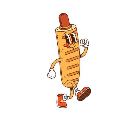 Cartoon American corndog groovy fast food character. isolated vector funny hotdog or corn dog, street junk food personage. Retro meal with sausage and funky vibe for bistro, takeaway restaurant, cafeのイラスト素材