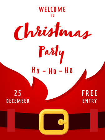 Christmas flyer with Santa beard for holiday party invitation poster, vector template. Christmas party invitation or welcome card with Santa beard and Ho Ho Ho for festival or holiday music concertのイラスト素材