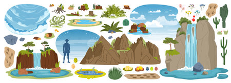 Jurassic dinosaur era environment game asset. Plants and trees, rock and mountain, waterfall, stones and clouds. Ferns, cacti, footprints, dino eggs, ponds and flowers cartoon vector prehistoric setのイラスト素材