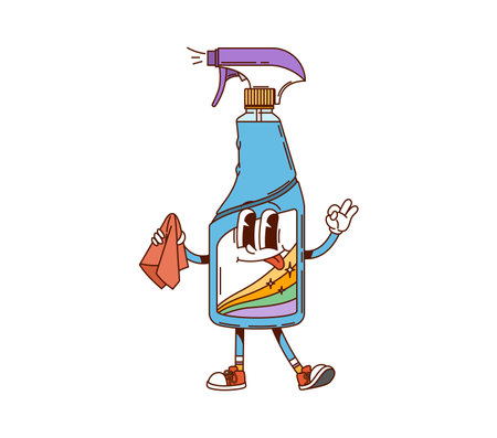 Groovy spray bottle, cleaning, washing and household character with an expressive face and wipe in hand. Isolated cartoon vector detergent flask wearing sneakers ready for spraying and cleanup choresのイラスト素材