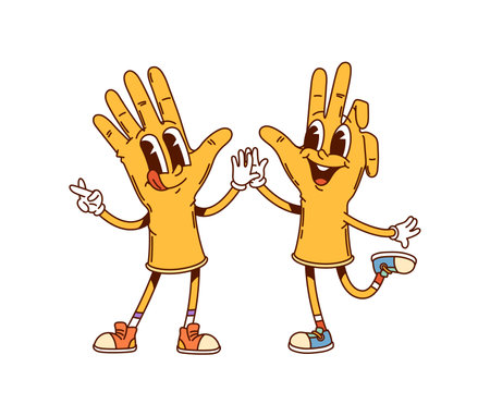 Groovy rubber gloves characters ready to protect hands during cleanup. Isolated cartoon vector pair of yellow gloves retro personages engage in playful household cleaning activities and washing choresのイラスト素材