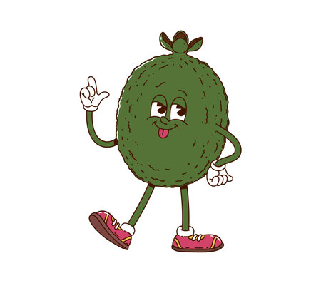 Cartoon groovy feijoa fruit character cheerfully smiling with happy expression and finger up gesture. Isolated vector funny tropical fruit retro personage exudes happiness and playful hippie vibeのイラスト素材