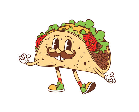 Cartoon groovy fast food tacos cheerful character. Mexican cuisine street cafe snack cartoon funny mascot, cheerful groovy isolated vector personage. Fast food meal or takeaway tacos happy characterのイラスト素材