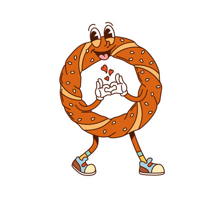 Cartoon Turkish bagel simit groovy fast food character. Funny vector bakery, Istanbul cafe pastry or dessert retro personage with sesame seeds and hippie sneakers showing heart gesture, exudes loveのイラスト素材