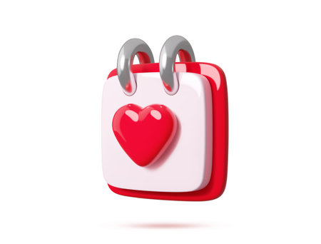 3D Valentine calendar icon for love holiday with heart jewel crystal, vector symbol. Cartoon calendar icon with 3D heart for 14 February Valentine day gift or wedding app and engagement invitationのイラスト素材