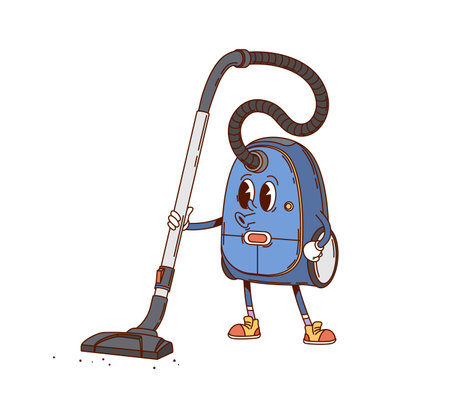 Groovy vacuum cleaner, cleaning and household appliance cartoon character with a smiling face, holding its hose and wears sneakers. Isolated vector funky and playful retro electronic tool personageのイラスト素材