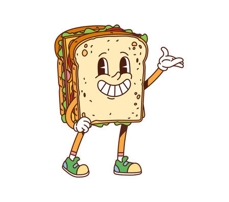 Cartoon groovy fast food sandwich character. Street menu snack cheerful funky character, cute 60s 70s cartoon isolated vector personage. Takeaway sandwich or fast food meal happy sliming mascotのイラスト素材