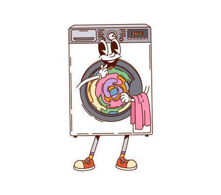 Groovy washing machine, cleaning and household character with linen inside expressing friendliness and playfulness. Isolated cartoon vector electric appliance retro personage ready for choresのイラスト素材