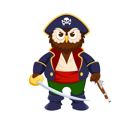 Cartoon owl pirate and corsair animal character wearing hat with skull, navy blue coat, and holding a sword in one hand and pistol in the other. Isolated vector owl bird adventurous captain personageのイラスト素材