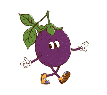 Cartoon groovy tropical passion fruit character cheerfully strolling with playful expression. Isolated vector ripe exotic fruit personage evokes feelings of happiness and healthy vibe while whistlingのイラスト素材