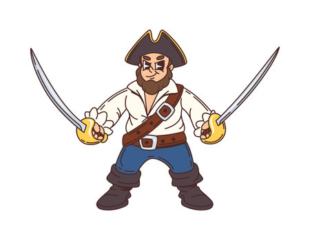 Cartoon pirate, filibuster sailor happy character. Filibuster bandit boatswain isolated vector personage, Caribbean pirate sailor captain funny character or corsair crew skipper mascot with two swordsのイラスト素材