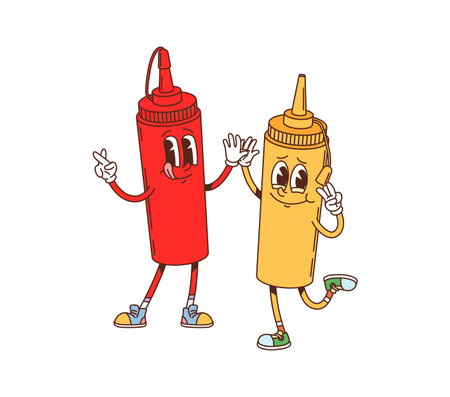 Cartoon groovy fast food ketchup and mustard character. Fast food restaurant sauce cute cartoon personage, funny groovy isolated vector character. Takeaway cafe ketchup and mustard cheerful mascotのイラスト素材