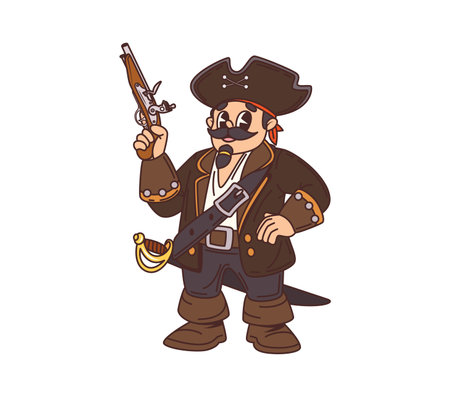 Cartoon pirate, filibuster sailor funny character. Corsair boatswain isolated vector personage, filibuster sailor captain cheerful mascot or Caribbean pirate bandit in tricorn hat, holding pistolのイラスト素材