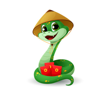 Cartoon snake character wearing Chinese traditional conical hat holds three red gift envelopes with money, celebrating the Lunar Year 2025. Vector cute festive reptile representing holiday celebrationのイラスト素材