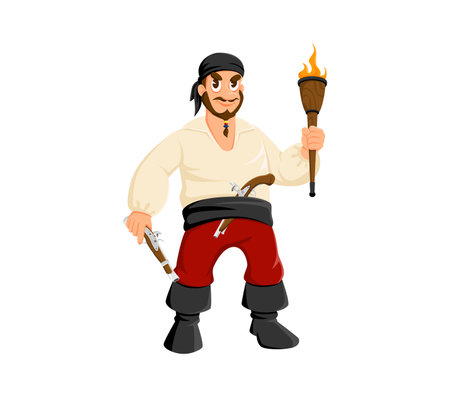 Cartoon pirate, filibuster bandit funny character. Caribbean pirate captain funny isolated vector mascot, filibuster bandit boatswain cheerful personage or corsair sailor crew skipper with torchのイラスト素材