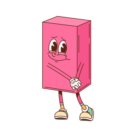 Groovy math rectangle geometric figure character, vector cartoon emoji. Groovy rectangle figure with shy smile on funny face with humble expression for kids cartoon geometry mathematics shapeのイラスト素材