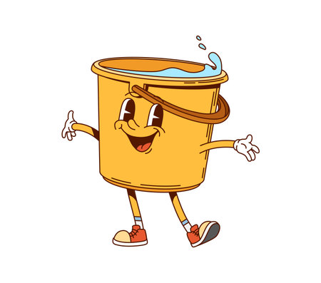 Groovy bucket household character with water and hippie shoes in playful pose. Isolated cartoon vector housekeeping retro personage ready for cleaning and washing chores, embodies y2k funky vibeのイラスト素材