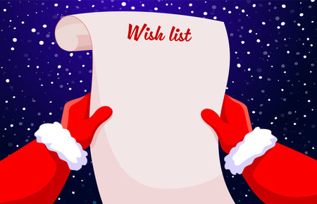 Christmas wish list in Santa hands. Xmas holiday wishlist. Cartoon vector father Noel character holding a scroll with title Wish list against a snowy night background with falling, snowflakes top viewのイラスト素材