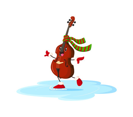 Cartoon cello musical instrument character ice skating during Christmas winter holiday season. Vector festive personage with cheerful expression adds fun to Xmas celebrations and musical entertainmentのイラスト素材
