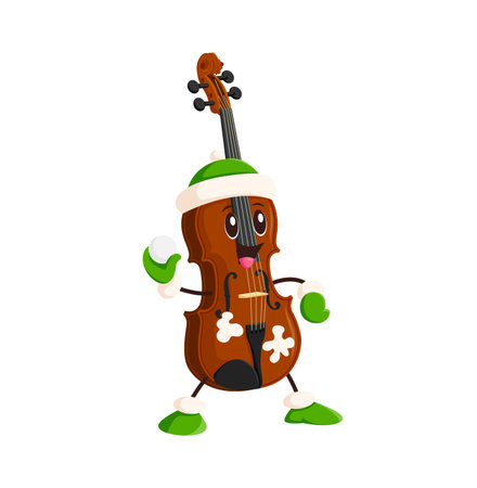 Cheerful cartoon cello character dressed in festive winter holiday attire playing snowball battle. Vector funny musical instrument celebrating Christmas season, conveying joy with cheerful expressionのイラスト素材