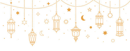 Golden Ramadan arabian lanterns and lamps. Ramadan Kareem Eid Mubarak islam religion holiday vector background with gold line hanging lanterns, muslim crescent moon, arabian lamps and stars garlandのイラスト素材
