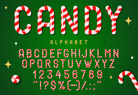Candy cane font, Christmas lollipop typeface, xmas caramel type, holiday sweet alphabet with numbers and symbols. Vector festive sweet striped typeface letters, numerals and signs evokes New year joyのイラスト素材