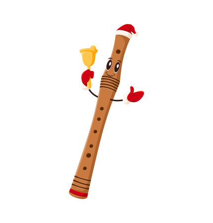 Cartoon flute character wearing a Santa hat and gloves holding a bell spreading festive Christmas cheer. Isolated vector cheerful woodwind musical instrument personage enjoying winter holiday funのイラスト素材