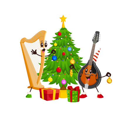 Cartoon harp and mandolin musical instrument characters enjoy Christmas with a decorated tree and gifts, spreading festive spirit. Vector cheerful string personages celebrating winter holiday with joyのイラスト素材