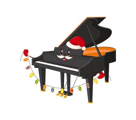 Cartoon grand piano character decorated with Santa hat and colorful holiday lights garland. festive musical instrument on playful and cheerful Christmas and winter holiday celebration or performanceのイラスト素材