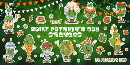 Groovy Saint Patrick Day holiday characters sticker pack. Cartoon vector funky drinks and treats celebrating amid vibrant green shamrocks, rainbows and clovers. St. Patricks Day celebrations patchesのイラスト素材