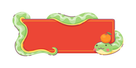 Green cartoon snake with mandarin fruit on its head, wrapping around a rectangular red banner. Vector cute reptile radiates joy and symbolizes prosperity for Chinese lunar new year 2025 celebrationsのイラスト素材