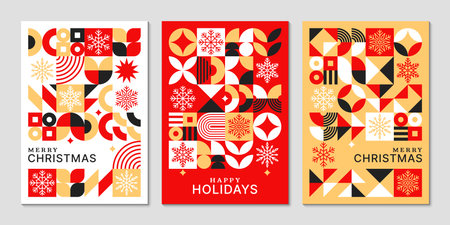 Christmas abstract geometric Bauhaus posters with snowflakes. Vector vertical cover templates with vibrant red, gold, and black colors create retro modern holiday feel, seasonal winter backgroundsのイラスト素材