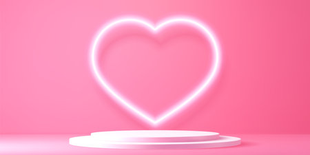 Valentine podium stand with heart. 3d vector radiant heart shaped neon light and circular stage set against a soft pink background for valentines day promotions, romance and stylish modern displaysのイラスト素材