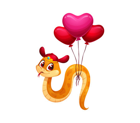 Valentine day cartoon snake character wears traditional red Chinese hat, flying on bunch of heart shaped balloons. Vector reptile, serpent animal celebrates love and festivity with red balloonsのイラスト素材